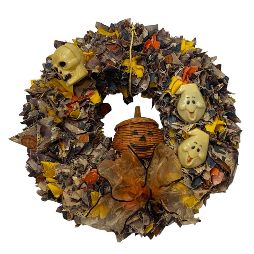 Vintage 12" Tall Halloween Themed Skull, Ghost and Pumpkin Handmade Wreath